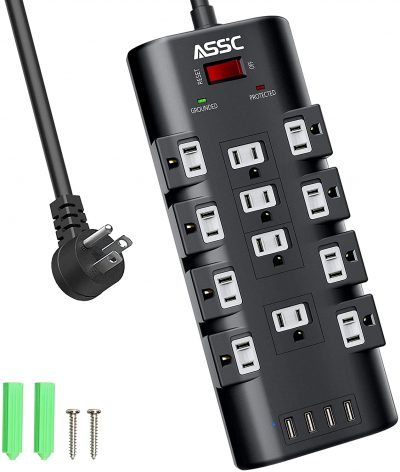Power Strip, ASSC Surge Protector with 12 AC Outlets, Black