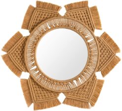 Mkono Hanging Wall Mirror with Macrame Fringe Round Boho Mirror Art Decor, Khaki