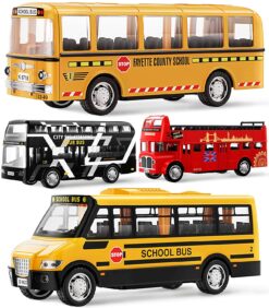 Geyiie Bus Toys for Kids, School Bus, City Bus London, 4 Pack