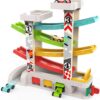 TOP BRIGHT Car Ramp Toy with 4 Wooden Cars and 3 Car Garage
