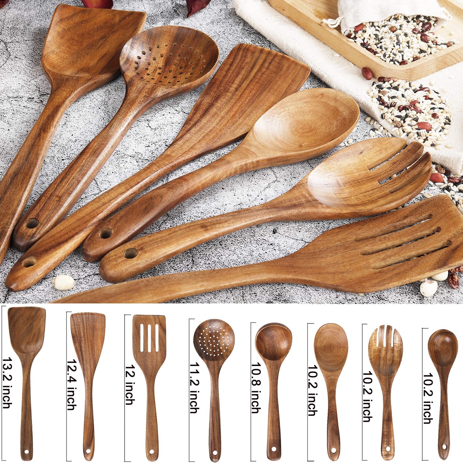  10 Pack Wooden Spoons for Cooking, Teak Wood Kitchen