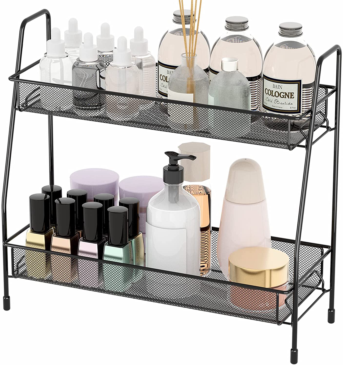 KINGBERWI 2-Tier Bathroom Countertop Organizer Cosmetic Storage Shelf  Kitchen Spice Rack Black 