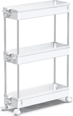 SPACEKEEPER 3 Tier Slim Storage Cart Mobile Shelving Unit Organizer Slide Out, white