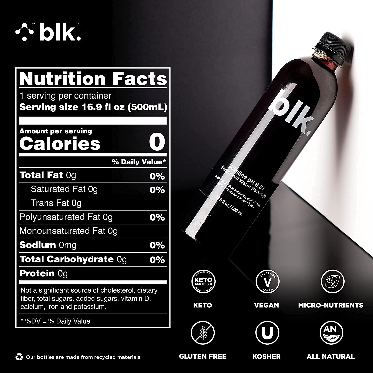 blk. Natural Mineral Alkaline Water, ph8+ Fulvic & Humic Acid Extract,  Trace Minerals, Electrolytes, Hydrate with Essential Minerals, 33.8 oz, 1L,  12