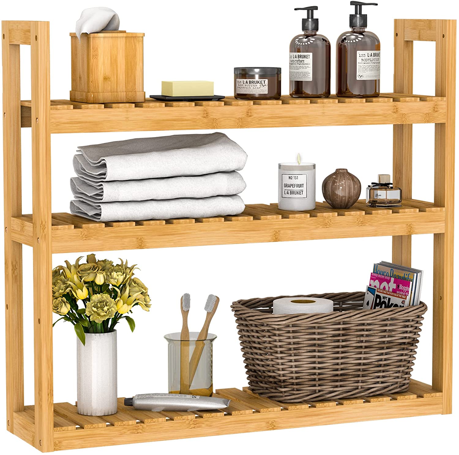 Bamworld Bathroom Organizer Shelves Bamboo Adjustable 3 Tiers Floating Shelf Over The Toilet Storage with Hanging Rod (Natural), Beige