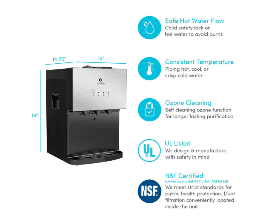 Avalon Countertop Bottleless Water Cooler- Hot & Cold Water, NSF Certified Filter-Black