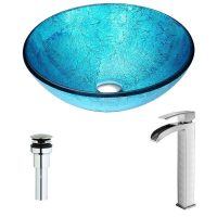 ANZZI Accent Series Deco-Glass Vessel Sink in Blue Ice with Key Faucet in Brushed Nickel