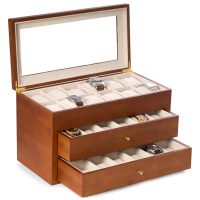 Cherry Wood 36-Watch Box with Glass Top and 2-Drawers, Velour Lining and Pillows