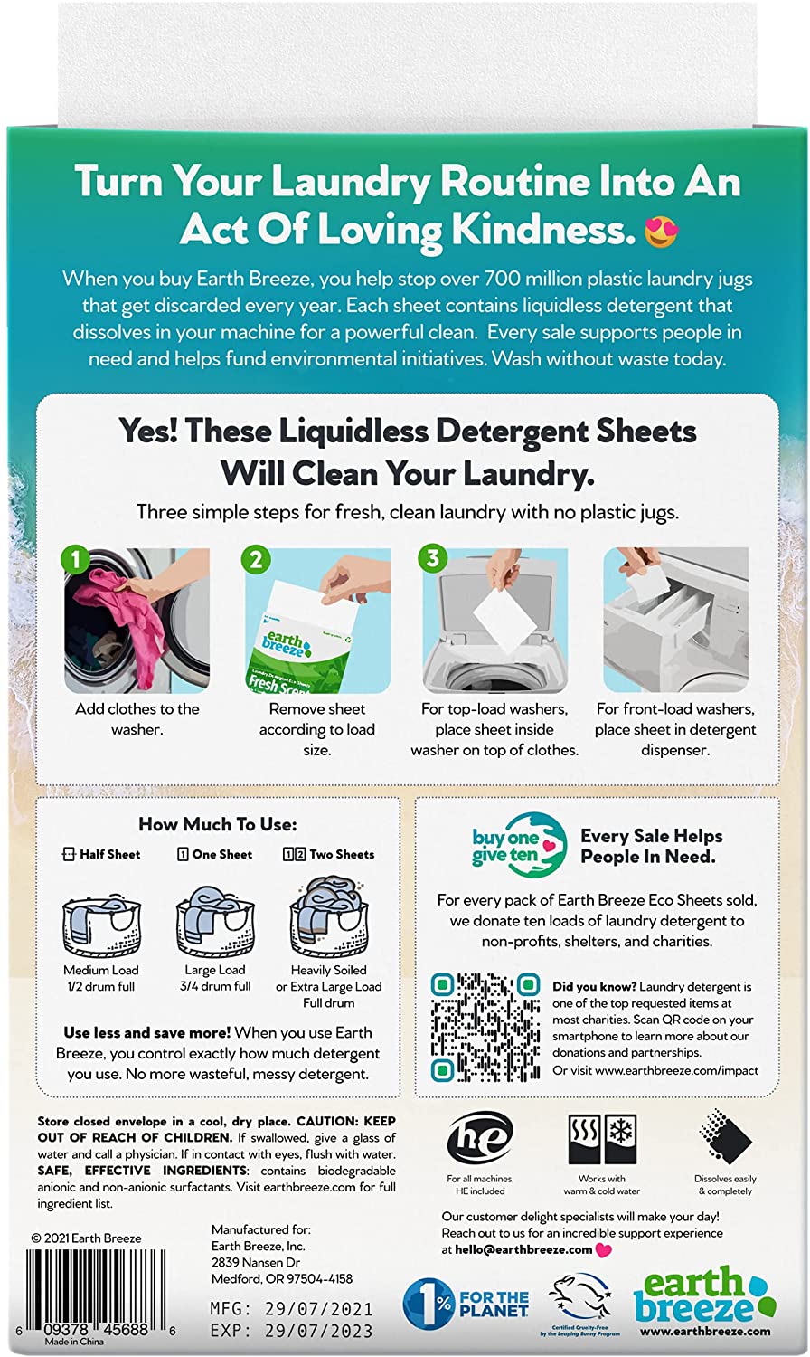 Earth Breeze Laundry Detergent Sheets - Fresh Scent - No Plastic Jug (60  Loads) 30 Sheets, Liquidless Technology…