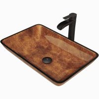 VIGO VGT1055 Glass Rectangular Vessel Bathroom Sink, Chocolate Brown, Antique Rubbed Bronze