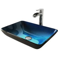 VIGO VGT1073 Glass Rectangular Vessel Bathroom Sink in Turquoise Blue, Chrome - Copy