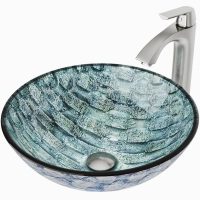 VIGO VGT549 Glass Round Vessel Bathroom Sink in Oceania Blue with Linus Faucet and Pop-Up Drain in Brushed Nickel