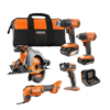 RIDGID R9257SB2 18V Cordless 5-Tool Combo Kit with (1) 2.0 Ah Battery, (1) 4.0 Ah Battery, Charger, and Bag