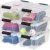 IRIS USA 12 Qt. Plastic Storage Bin Tote Organizing Container, 6 Pack, clear with Black Buckle