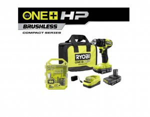 RYOBI PSBDD01K-A986501 ONE+ HP 18V Brushless Cordless Compact 1/2 in. Drill/Driver Kit with (2) 1.5 Ah Batteries, Charger, Bag, & 65PC Bit Set
