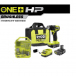 RYOBI PSBDD01K-A989504 ONE+ HP 18V Brushless Cordless Compact 1/2 in. Drill/Driver Kit with (2) 1.5 Ah Batteries, Charger, Bag, & 95PC Bit Set