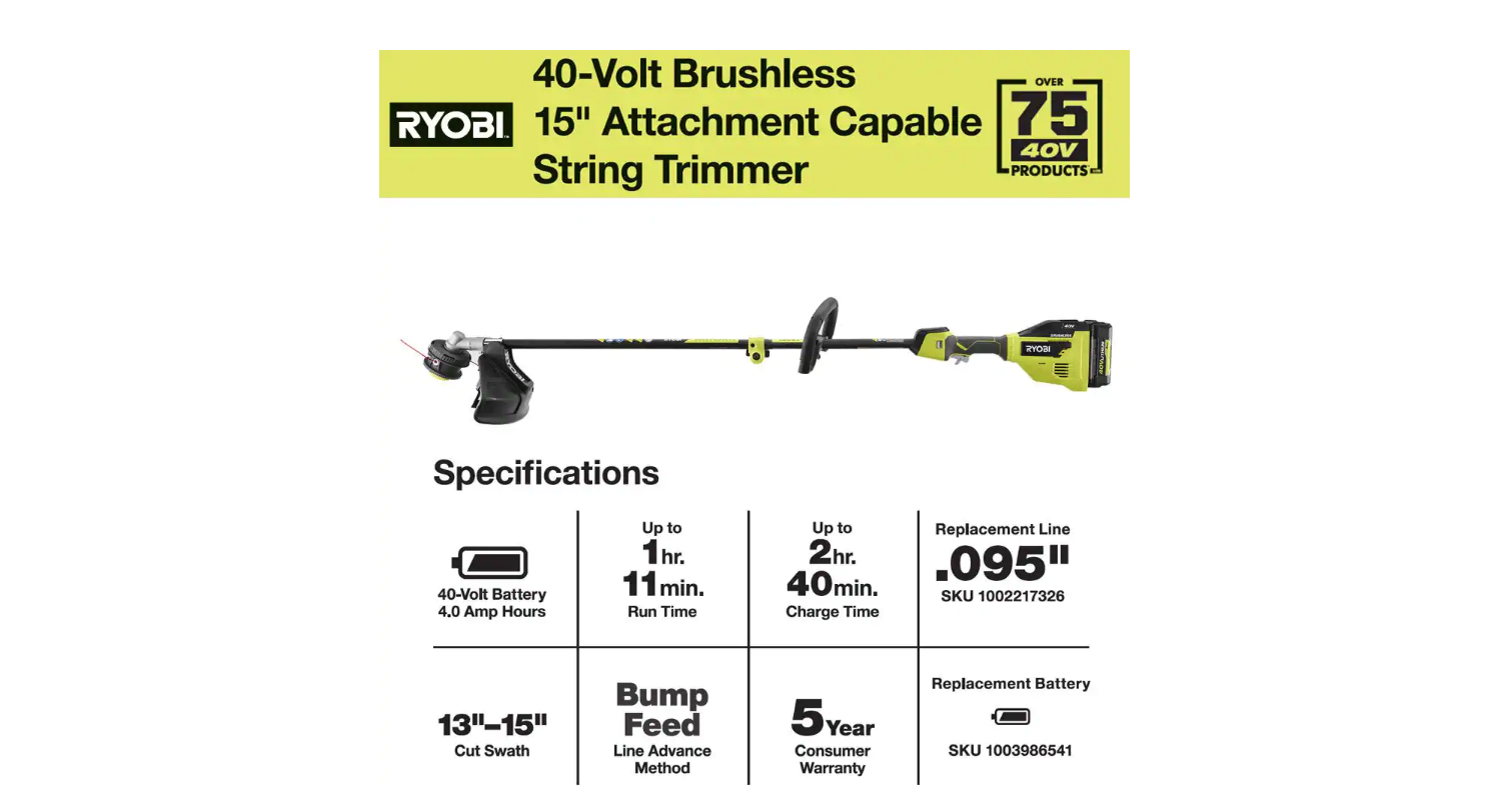 RYOBI RY40270VNM 40V Brushless Cordless Battery Attachment Capable String  Trimmer with 4.0 Ah Battery and Charger