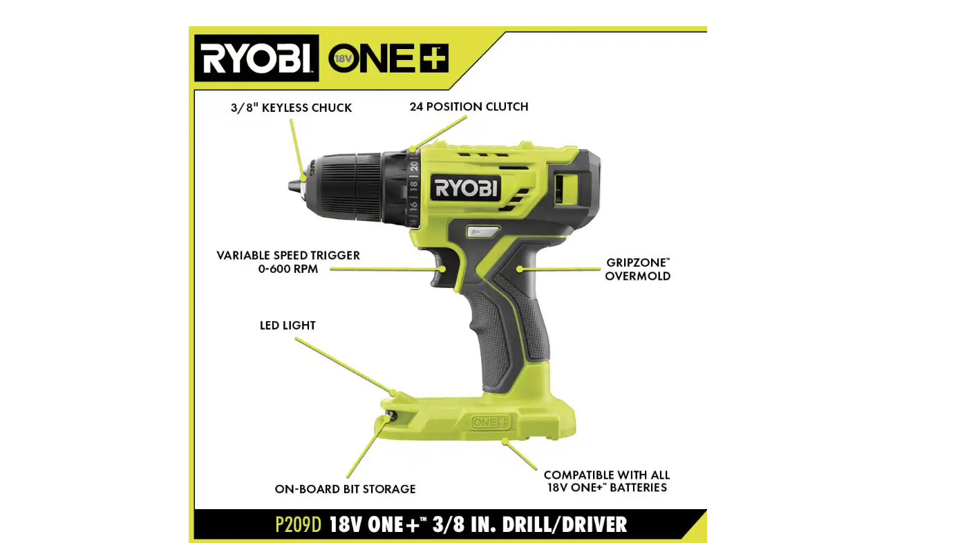 RYOBI PDD209K ONE+ 18V Cordless 3/8 in. Drill/Driver Kit with 1.5