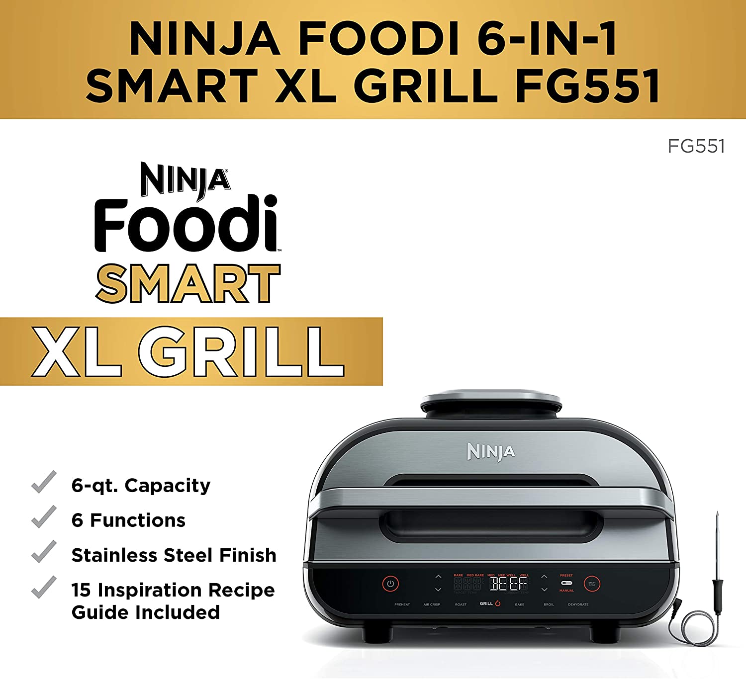 Ninja Foodi 6-in-1 Smart XL Indoor Grill with Air Fryer Smart Probe FG551  622356564540