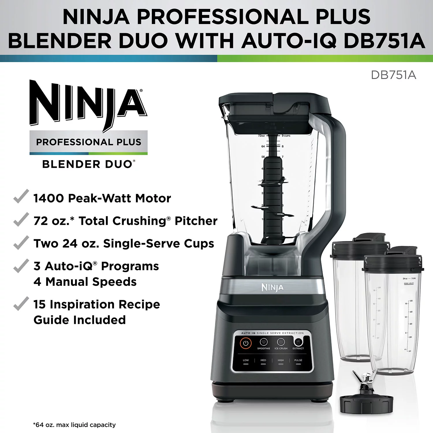  Ninja BN701 Professional Plus Blender with Auto-iQ, and 64 oz.  max liquid capacity Total Crushing Pitcher: Home & Kitchen