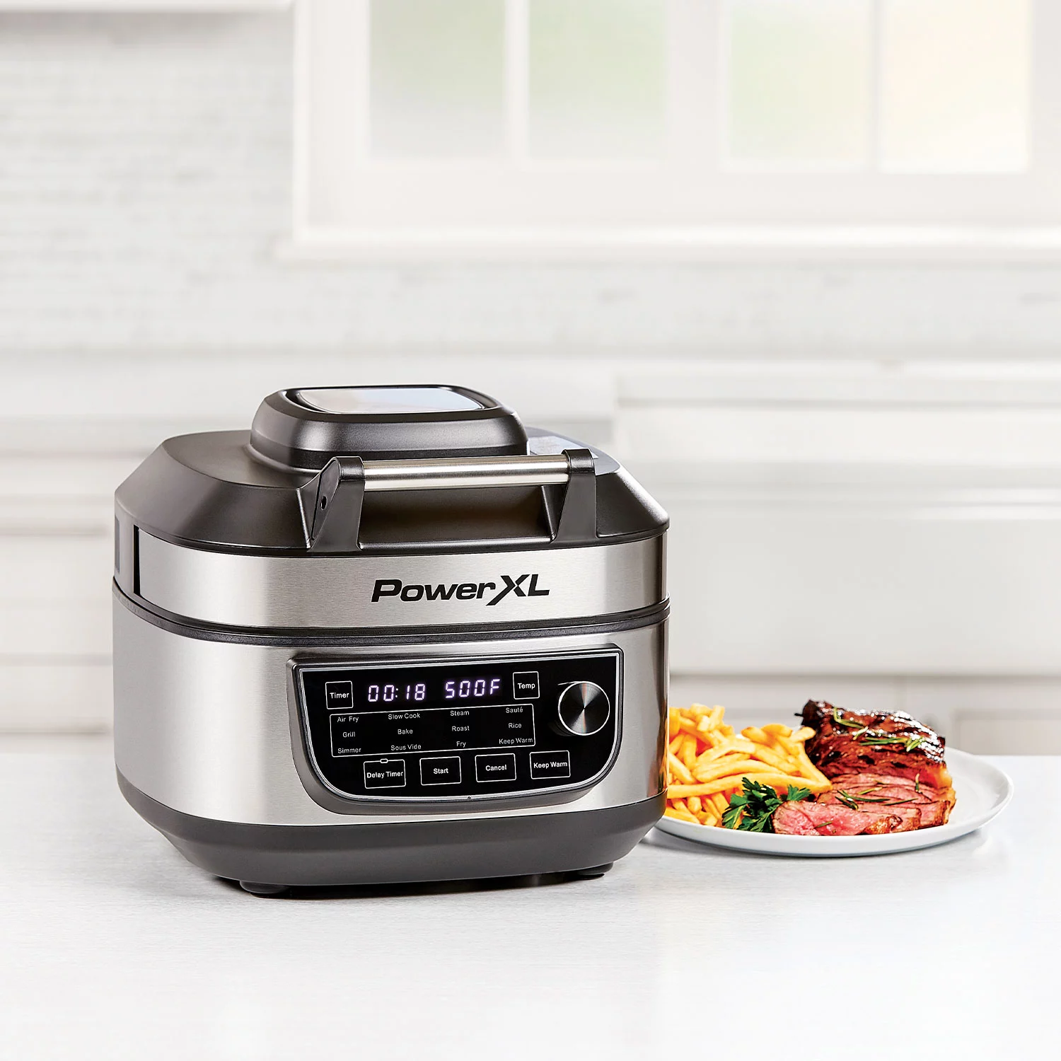 PowerXL Grill Air Fryer Combo Plus 6 QT 12-in-1 Indoor Slow Cooker, Roast,  Bake, 1550-Watts, Stainless Steel Finish