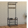 Benjara BM195838 Brown and Black Metal and Wood Framed Coat Rack with Multiple Hooks and Storage Shelves