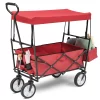 Collapsible Wagon Folding Cart with Canopy Beach Garden Outdoor Sport Utility Cart Wheels Adjustable Handle Rear Storage, Red, 49.2 x 20.5 x 45.27 inches
