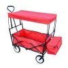 Collapsible Wagon Folding Cart with Canopy Beach Garden Outdoor Sport Utility Cart Wheels Adjustable Handle Rear Storage, Red, 49.2 x 20.5 x 45.27 inches