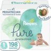 Diapers Size 1, 198 Count - Pampers Pure Protection Hypoallergenic Disposable Baby Diapers for Sensitive Skin, Fragrance Free, (Packaging May Vary)