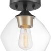 Globe Electric Harrow 1-Light Semi-Flush Mount Ceiling Light with a Matte Black Finish, Gold Accent Socket and Clear Glass Shade, Dimmable Option