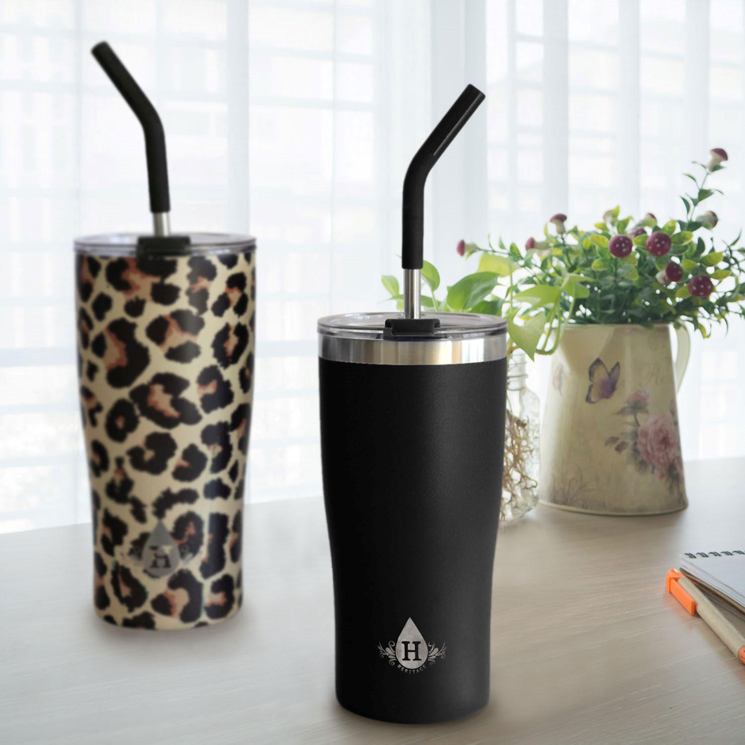 Built (Set of 2) 20-Ounce Double Wall Stainless Steel Vacuum Insulated  Tumblers, 20-Ounces, Black and Sabi Leapard