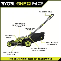 RYOBI P1109BTLVNM ONE+ HP 18V Brushless 16 in. Cordless Battery Walk Behind Push Lawn Mower (Tool Only)