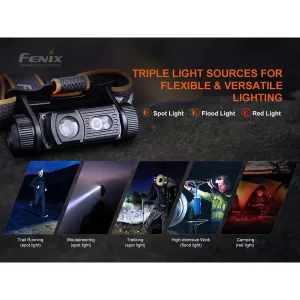 The Fenix HM60R Rechargeable Headlamp is a great all-purpose headlamp which features three types of light—a spotlight for long distance illumination, a floodlight with neutral white light for better color rendering, and red light to preserve your night vision and for up-close tasks. The included 18650 battery is USB Type-C rechargeable and the port is hidden with an inner waterproof interface. A large, glove-friendly switch allows you to access the lighting mode you need for camp, the trail, or job site. An additional unique feature of the Fenix HM60R Rechargeable Headlamp is its stride frequency sensor which can be an advantage to those who who would like to use this for running purposes. Features: Max Lumens: 1200 Max Beam Distance: 381 feet (116 meters) Max Runtime: 54 hours Lighting Modes: 4 spotlight levels, 2 floodlight levels, red light and red SOS Bulb Type: LED Luminus SST40 and XP-G2 neutral white light LED Size: 3.35” (85mm) x 1.77” (45mm) Weight: 5.54 oz. (157g) including battery and headband Battery: One included 18650 rechargeable li-ion battery or two CR123A lithium batteries Included: Fenix ARB-L18-2600 li-ion battery, USB Type-C charging cable, spare O-ring Warranty: Limited Lifetime Guarantee from Fenix Lighting USA Luminus SST40 white light LED, XP-G2 neutral white light LED; with a lifespan of 50,000 hours. Included a Fenix ARB-L18-2600 18650 rechargeable LI-ion battery and compatible with two CR123A Lithium batteries. Spotlight, floodlight and red light combined. Stride frequency sensor: the brightness changes along with your speed. Hidden inner waterproof USB Type-C charging interface. A large all-in-one side switch. Made of quality PC and aluminum, lightweight and wear-resistant.