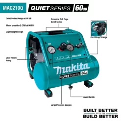 Makita MAC210Q Quiet Series 2 Gal. 1 HP Oil-Free Electric Air Compressor