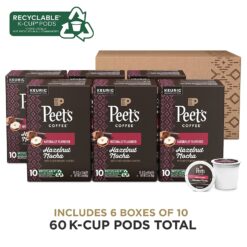 Peet's Coffee, Hazelnut Mocha - 60 K-Cup Pods for Keurig Brewers (6 boxes of 10 pods), Light Roast