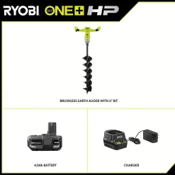 RYOBI P2930VNM ONE+ HP 18V Brushless Cordless Earth Auger with 6 in. Bit with 4.0 Ah Battery and Charger