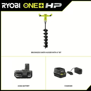 RYOBI P2930VNM ONE+ HP 18V Brushless Cordless Earth Auger with 6 in. Bit with 4.0 Ah Battery and Charger