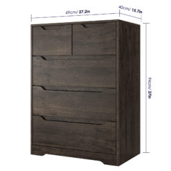 Homfa Dresser for Bedroom, Wood Storage Chest of 5 Drawers with Cutout Handles for Living Room, Dark Brown