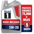 Mobil 1 High Mileage Full Synthetic Motor Oil 5W-20, 5 qt