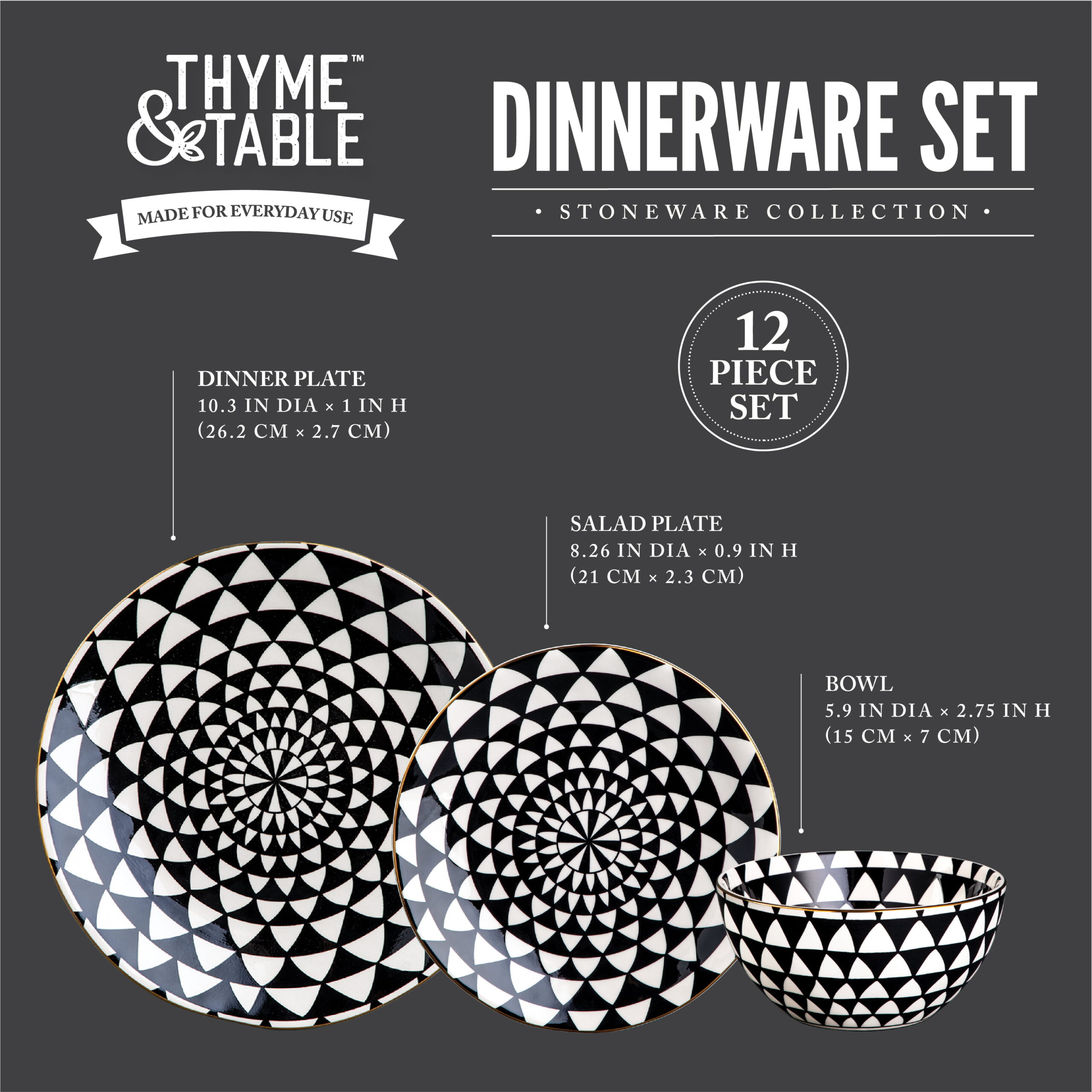 Thyme & Table Dinnerware Black White Medallion Stoneware, 12  Piece Set (Polka Dot), Polka Dots: Dinnerware Sets