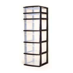 Homz® 6 Drawer Medium Tower, Black Plastic Frame with Clear Drawers, Set of 1