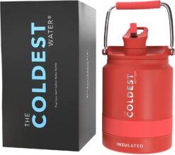 Coldest Sports Water Bottle - 1/2 Gallon (Straw Lid), Leak Proof, Vacuum Insulated Stainless Steel, Hot Cold, Double Walled, Thermo Mug, Metal Canteen (1/2 Gallon , Red)