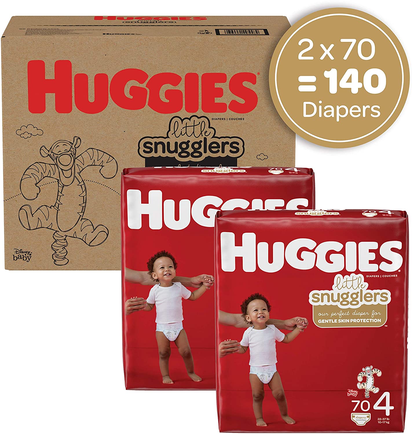 Huggies Size 4 Diapers, Little Snugglers Baby Diapers, Size 4 (22-37 lbs),  140 Ct (2 packs of 70), Packaging May Vary