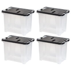 IRIS USA Letter Size Portable Wing-Lid File Box with Handles, Black Lid, Clear Body, Set of 4