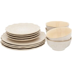 The Pioneer Woman Farmhouse Lace 12-Piece Dinnerware Set, Linen