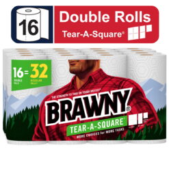Brawny Tear-A-Square Paper Towels, White, 3 Sheet Sizes, 16 Double Rolls
