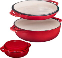 Bruntmor | 2-In-1 Enameled Cast Iron Cocotte Double Braiser Pan With Grill Lid
