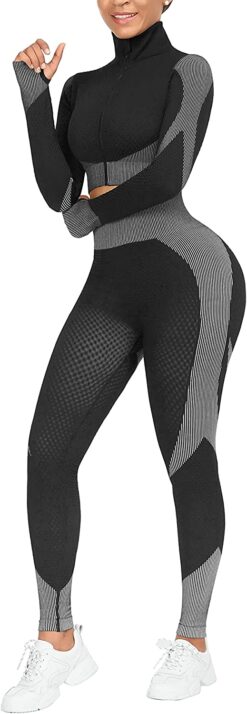 KEEPTO Workout Sets for Women Long Sleeve Zipper rop Top with Tummy Control High Waist Seamless Leggings Gym Outfits, Gray