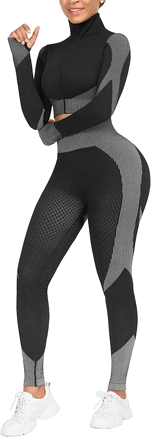 FINETOO Women's 4 Piece Workout Outfits Ribbed Seamless Long Sleeve Cr