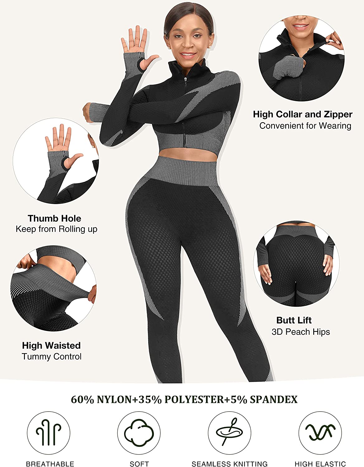 KEEPTO Workout Sets for Women Long Sleeve Zipper Crop Top with